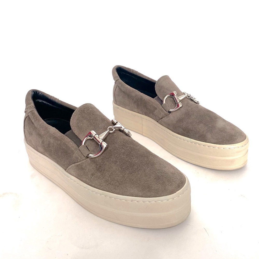 Gabriella Michel tan suede horse bit buckle platform slide sneakers 38